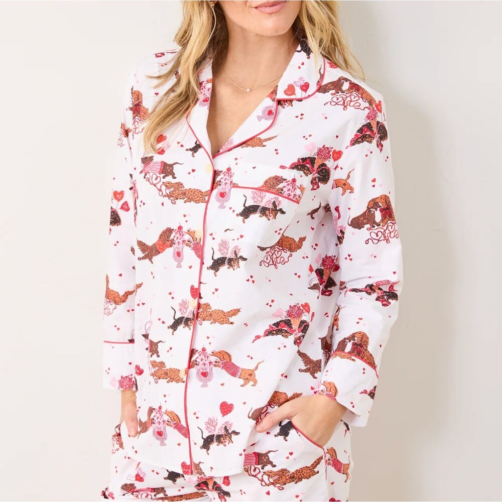 Printfresh Pajama Top dachshund heart button up long sleeve womens White small